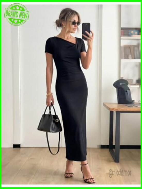 Ruched Maxi Dress Short Sleeve Side Slit Formal Cocktail Wedding Guest - Picture 4 of 7